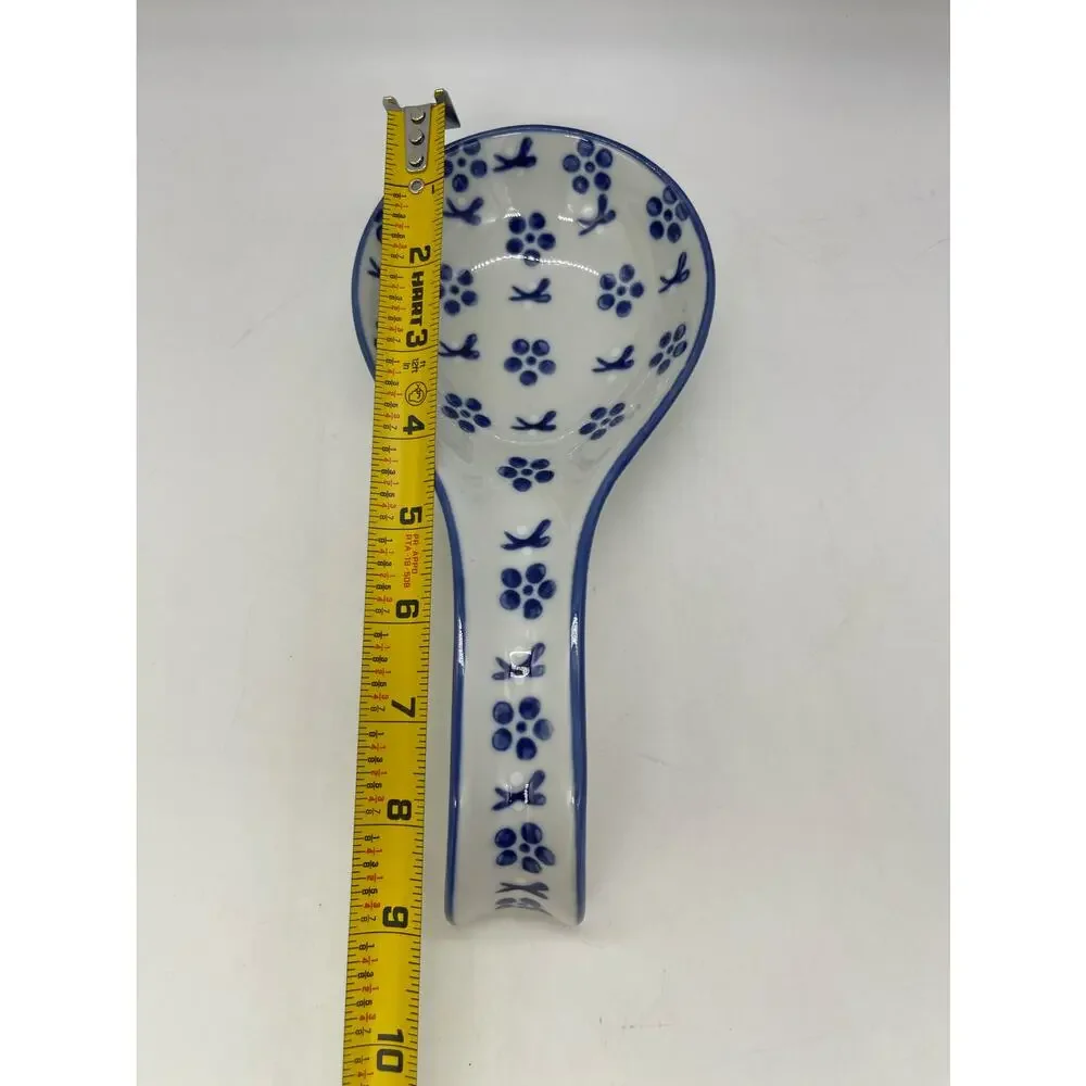 Floral Design Polish Pottery Blue & White Spoon Rest 9